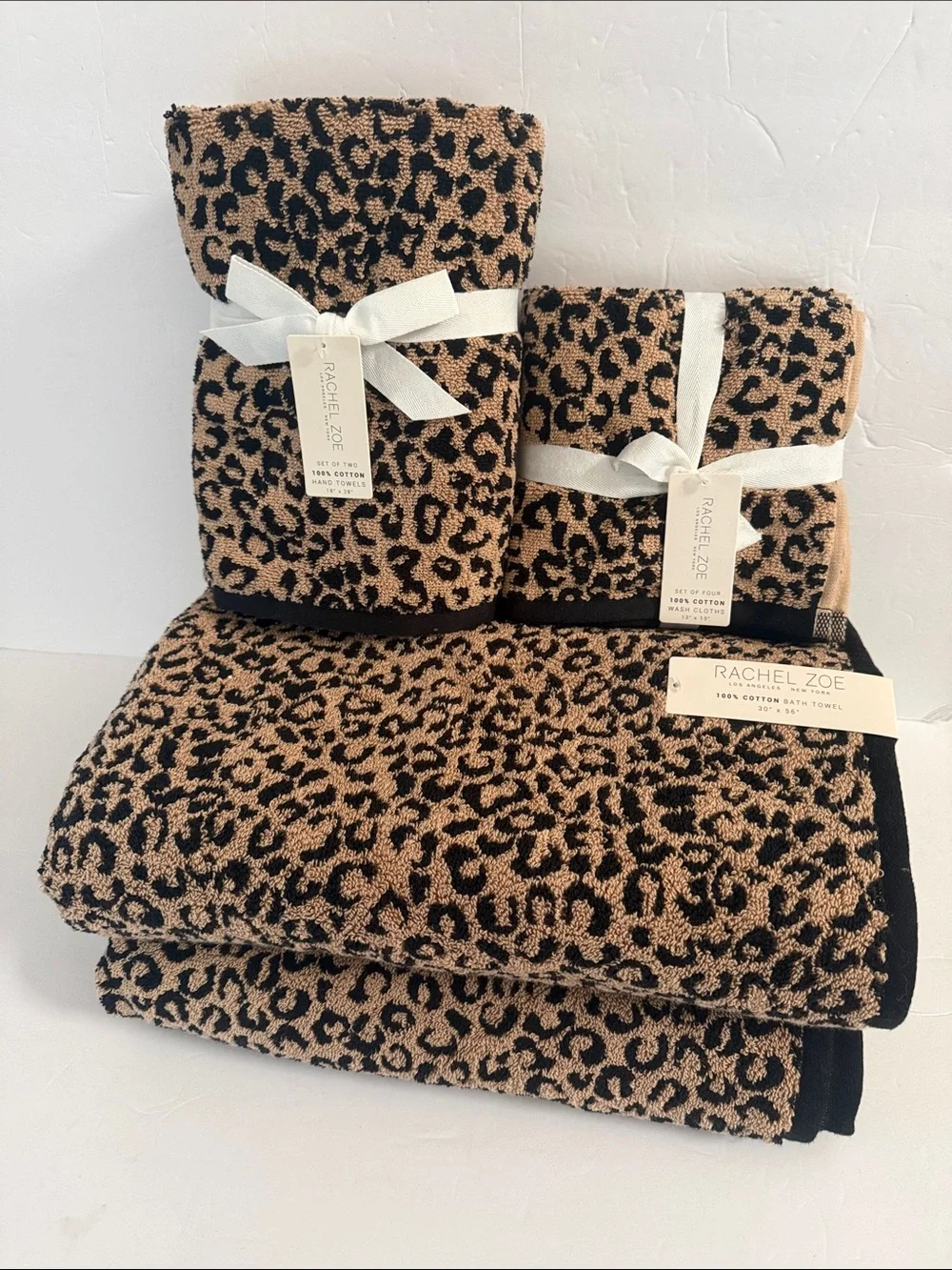 NWT Rachel Zoe 8 Piece 100% Cotton Bath Towel Set Black Tan Leopard Animal Print